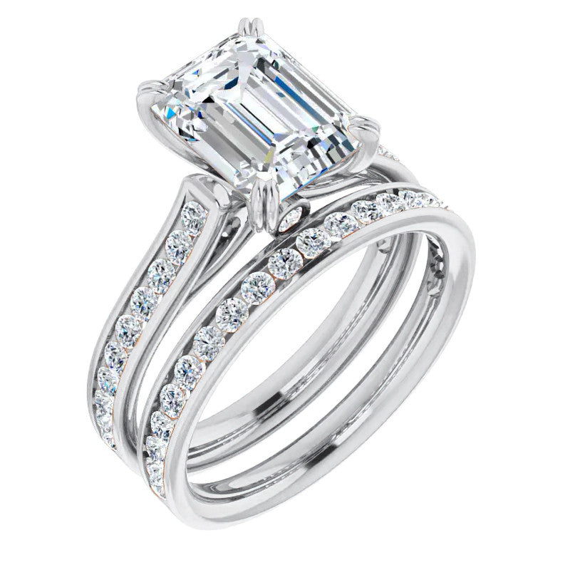 Double Prong Channel Emerald & Round Brilliant Moissanite Engagement Ring