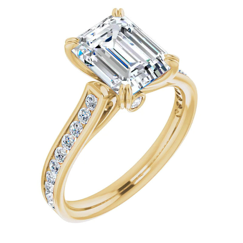Double Prong Channel Emerald & Round Brilliant Moissanite Engagement Ring