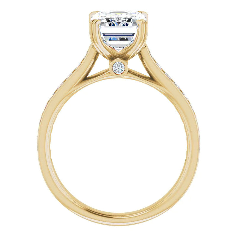 Double Prong Channel Emerald & Round Brilliant Moissanite Engagement Ring