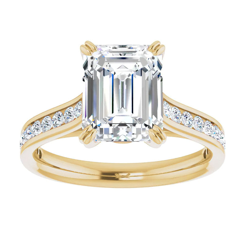 Double Prong Channel Emerald & Round Brilliant Moissanite Engagement Ring
