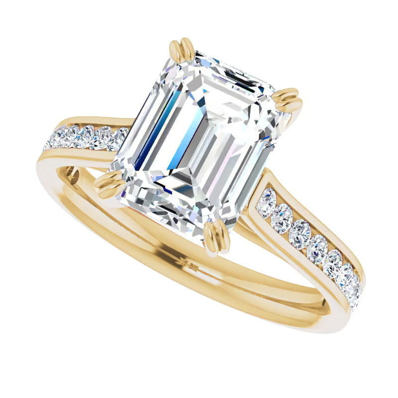Double Prong Channel Emerald & Round Brilliant Moissanite Engagement Ring