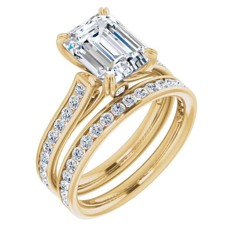 Double Prong Channel Emerald & Round Brilliant Moissanite Engagement Ring
