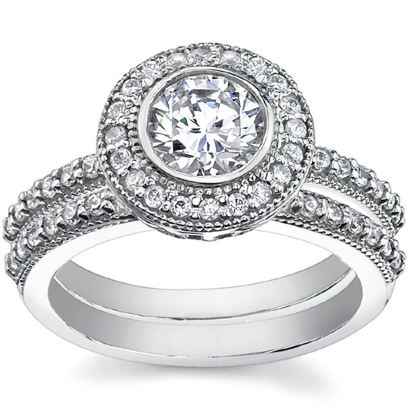 Round Halo Bezel Antique Moissanite Engagement Ring