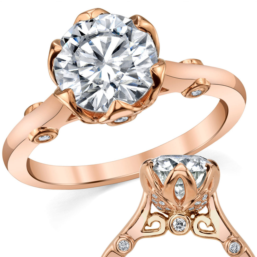 Round Tulip Cathedral Moissanite Engagement Ring with Surprise Stone