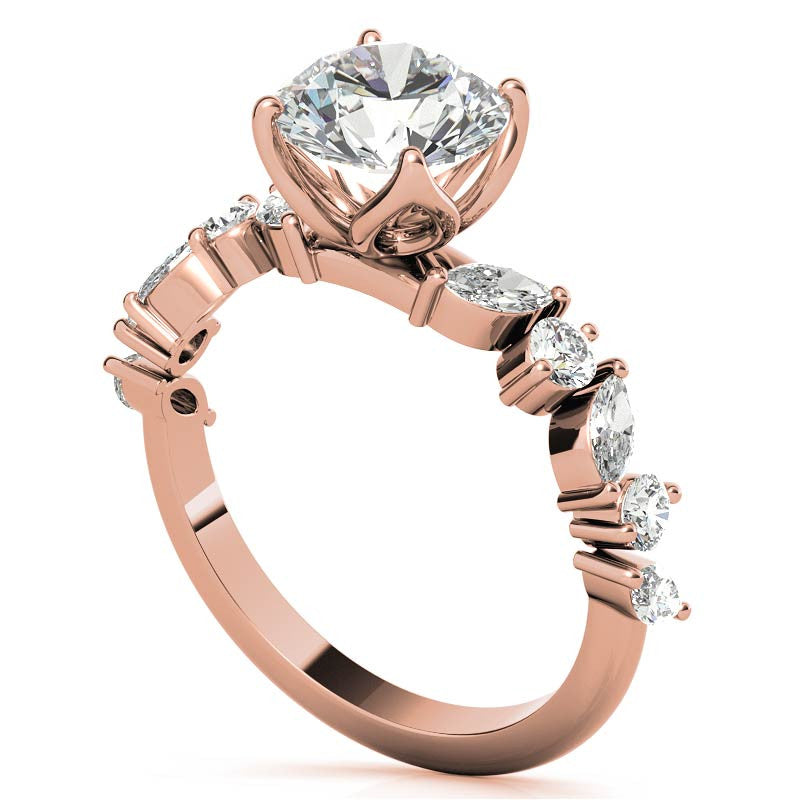 Round and Marquise Tulip Setting Moissanite Engagement Ring