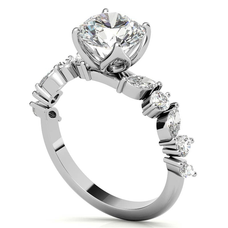 Round and Marquise Tulip Setting Moissanite Engagement Ring