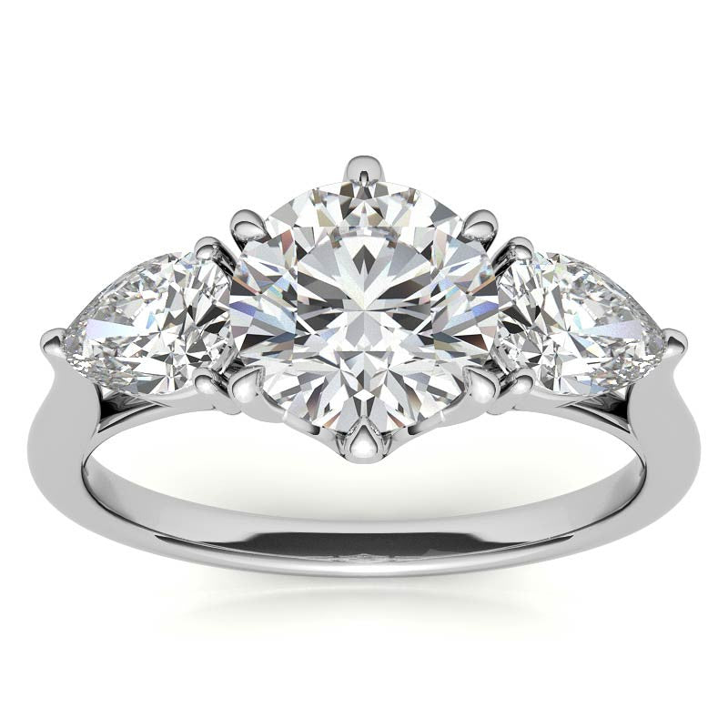 Round and Pear 3-Stone Trellis Moissanite Engagement Ring