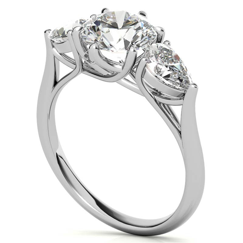Round and Pear 3-Stone Trellis Moissanite Engagement Ring