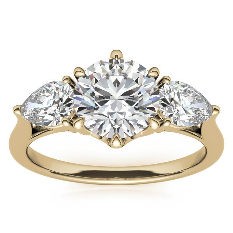 Round and Pear 3-Stone Trellis Moissanite Engagement Ring