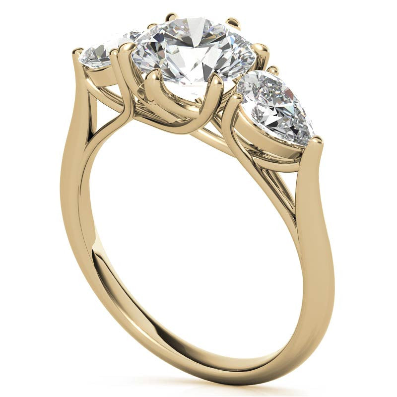 Round and Pear 3-Stone Trellis Moissanite Engagement Ring