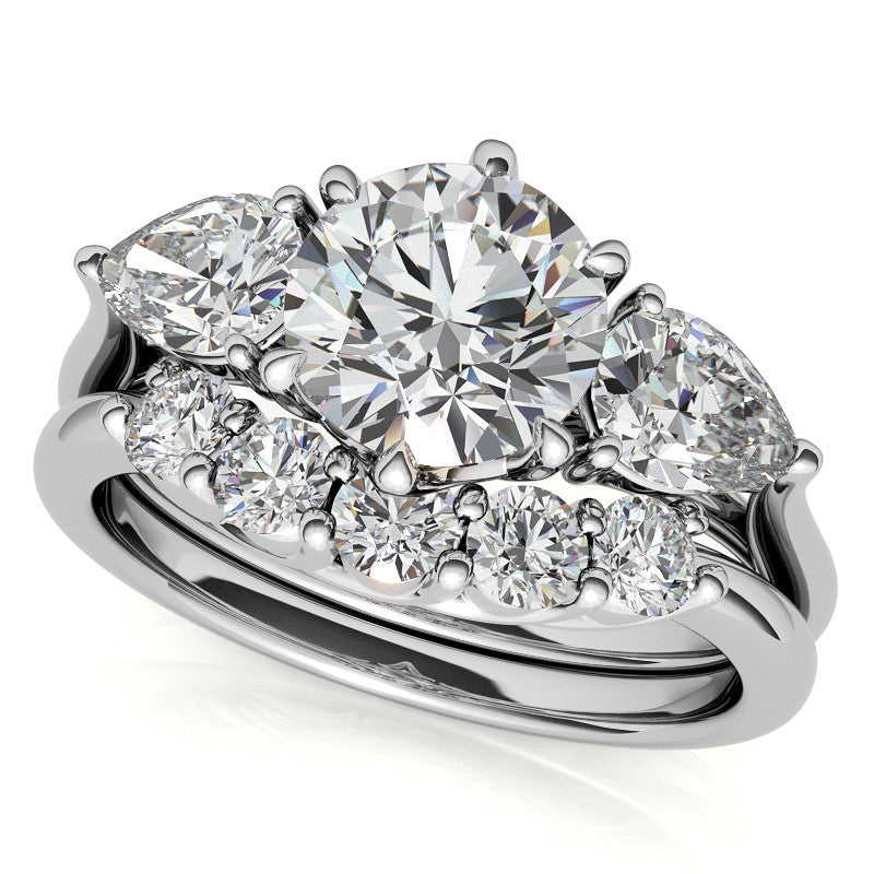 Round and Pear 3-Stone Trellis Moissanite Engagement Ring