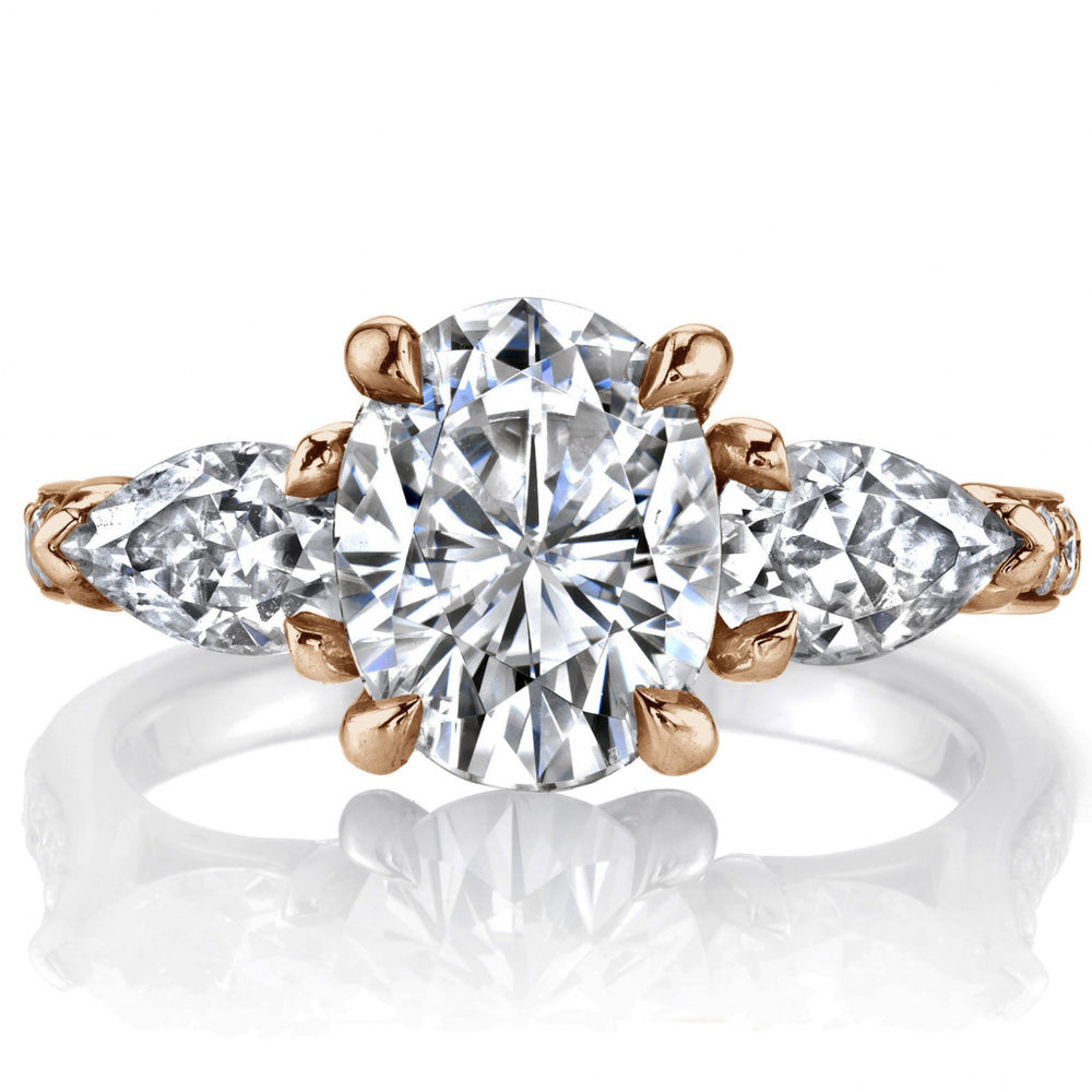 Oval and Pear 3-Stone Trellis Moissanite Engagement Ring