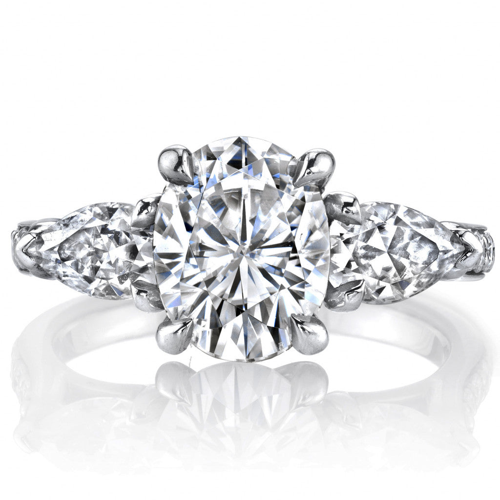 Oval and Pear 3-Stone Trellis Moissanite Engagement Ring