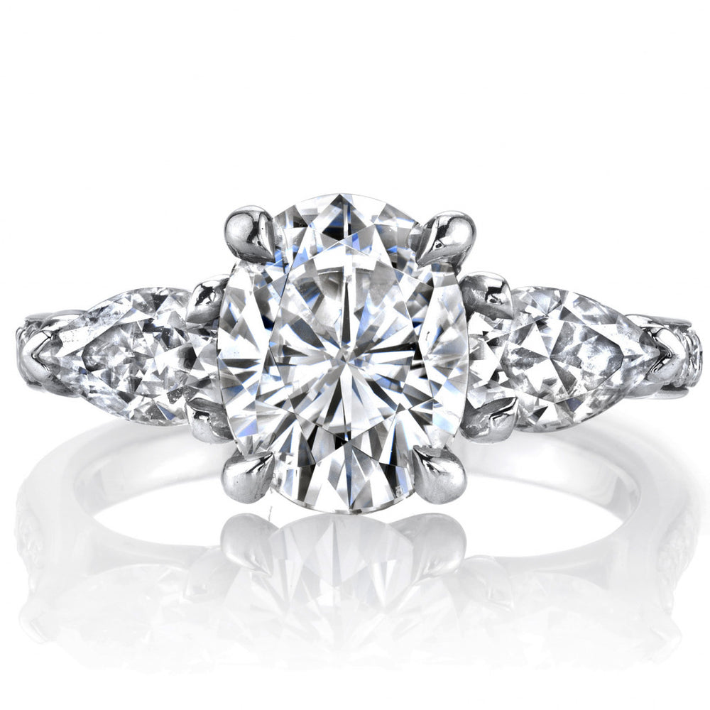 Oval and Pear 3-Stone Trellis Moissanite Engagement Ring