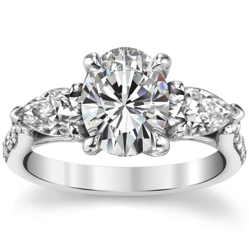 Oval and Pear 3-Stone Trellis Moissanite Engagement Ring