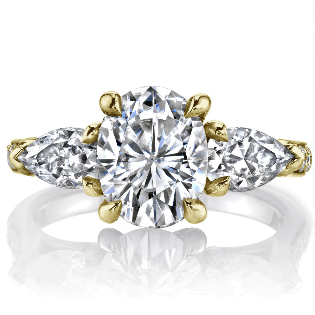 Oval and Pear 3-Stone Trellis Moissanite Engagement Ring
