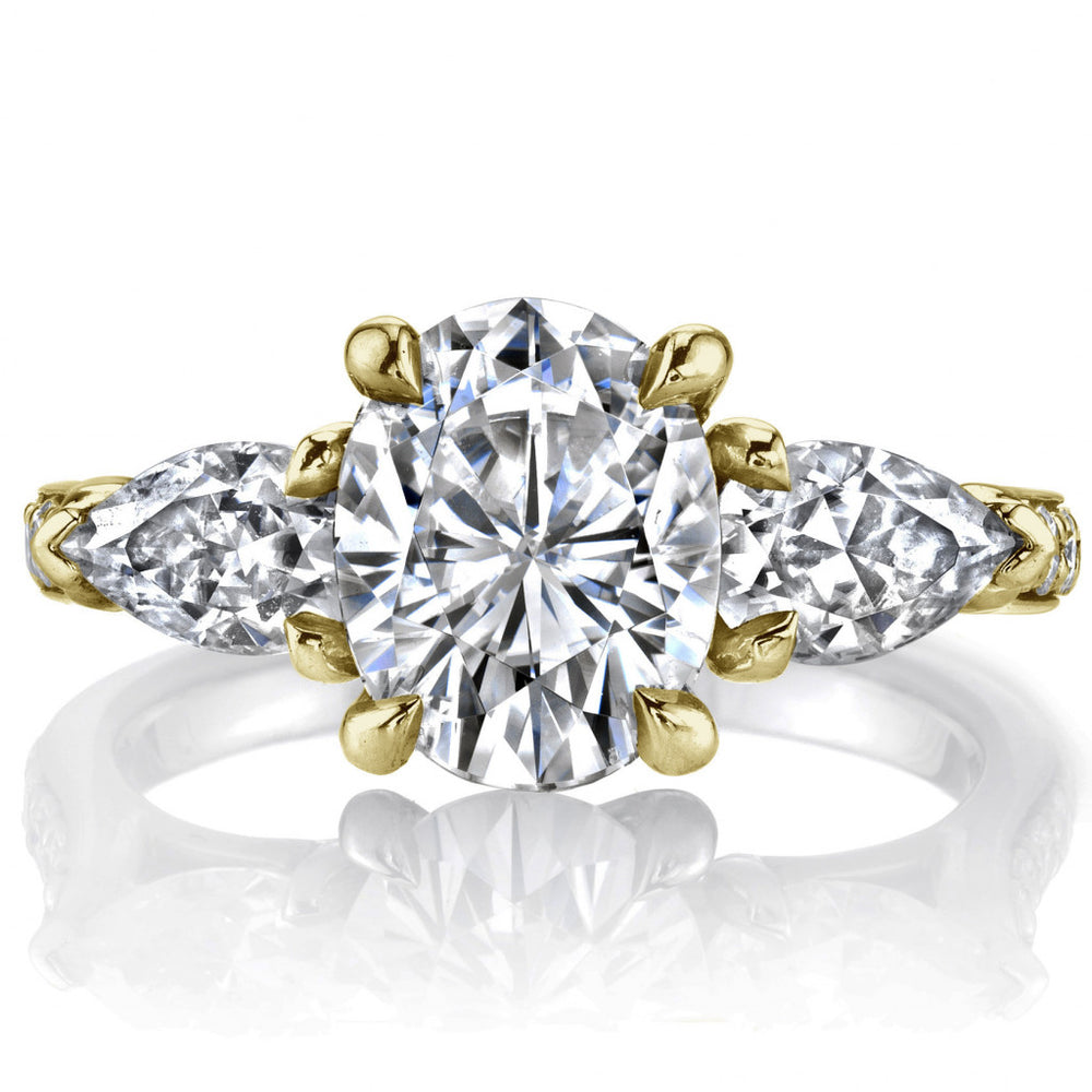 Oval and Pear 3-Stone Trellis Moissanite Engagement Ring