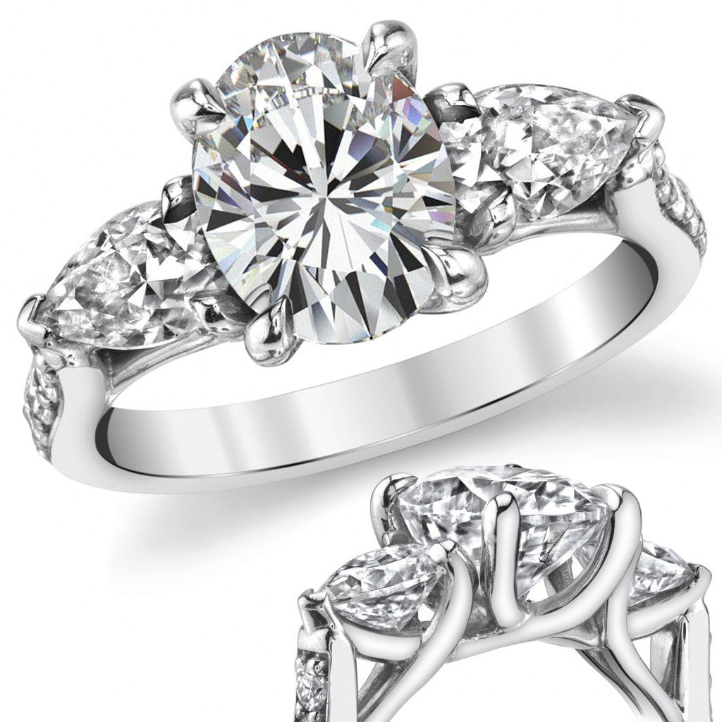 Oval and Pear 3-Stone Trellis Moissanite Engagement Ring
