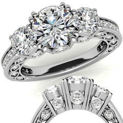 Three-stone Antique Round Brilliant Moissanite Engagement Ring