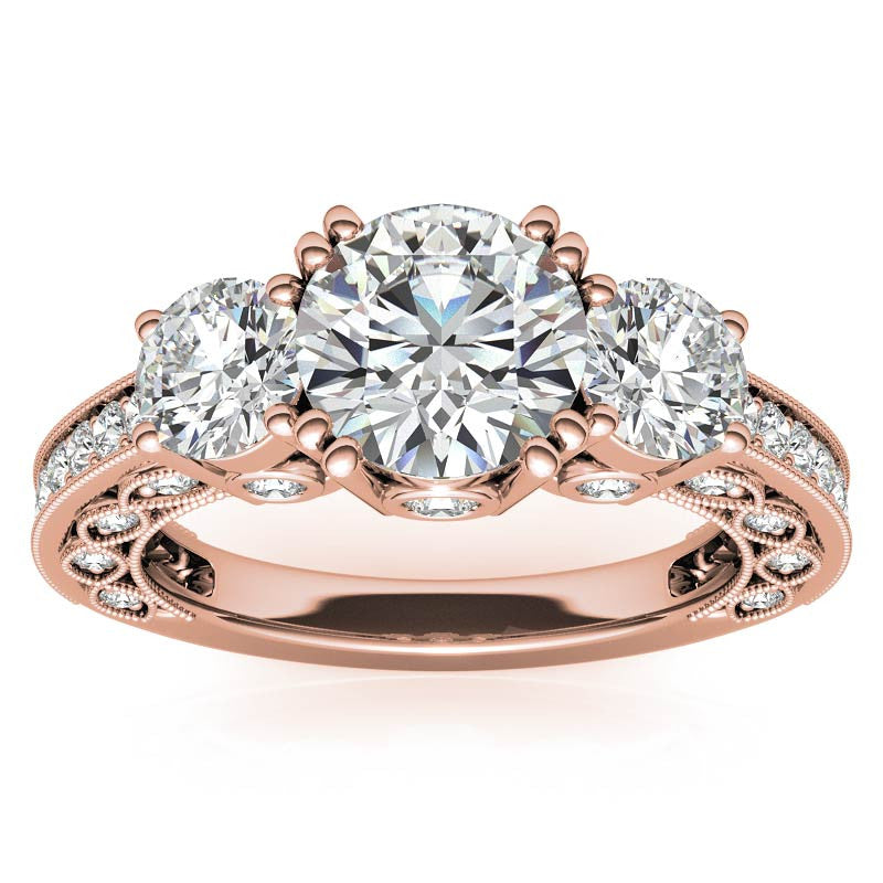 Three-stone Antique Round Brilliant Moissanite Engagement Ring