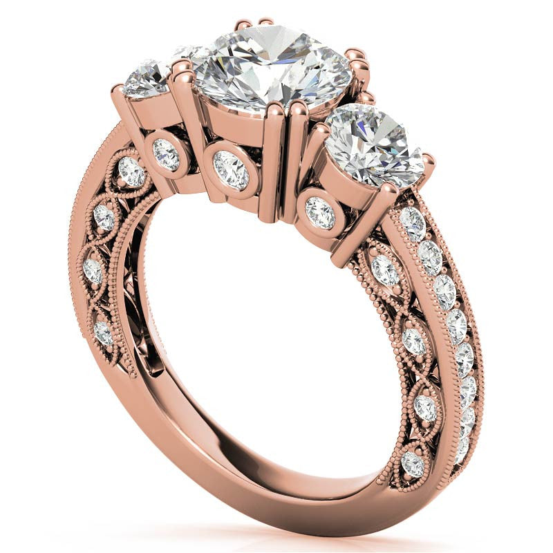 Three-stone Antique Round Brilliant Moissanite Engagement Ring