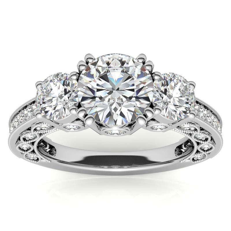 Three-stone Antique Round Brilliant Moissanite Engagement Ring