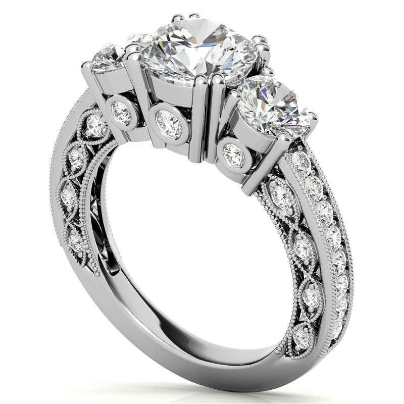 Three-stone Antique Round Brilliant Moissanite Engagement Ring