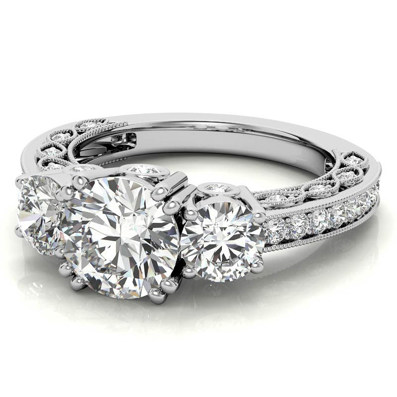 Three-stone Antique Round Brilliant Moissanite Engagement Ring
