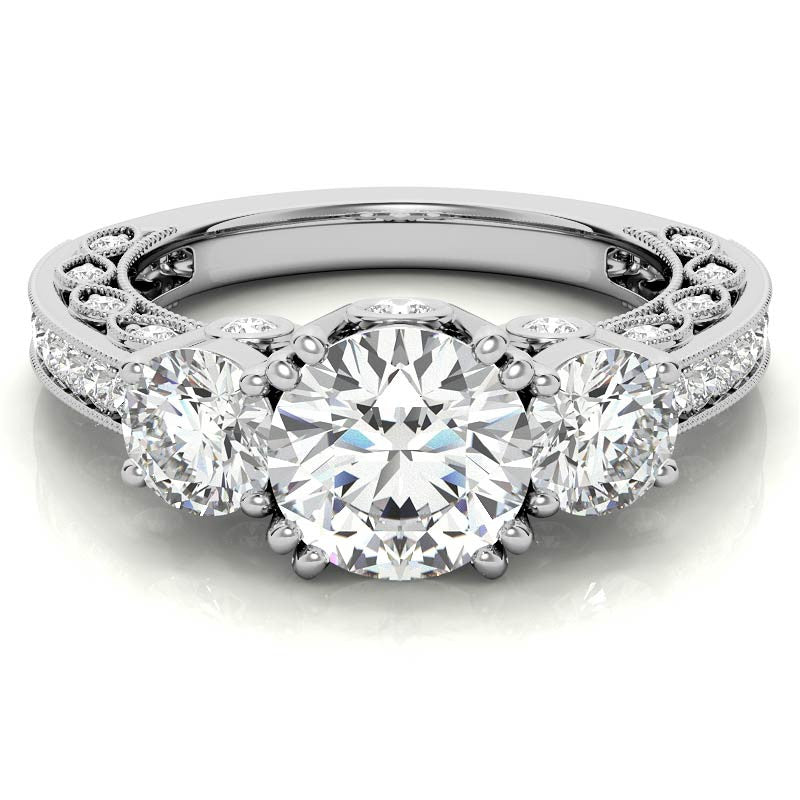 Three-stone Antique Round Brilliant Moissanite Engagement Ring