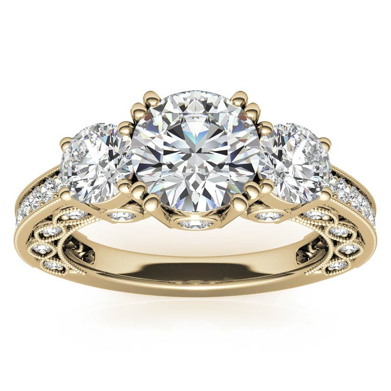 Three-stone Antique Round Brilliant Moissanite Engagement Ring