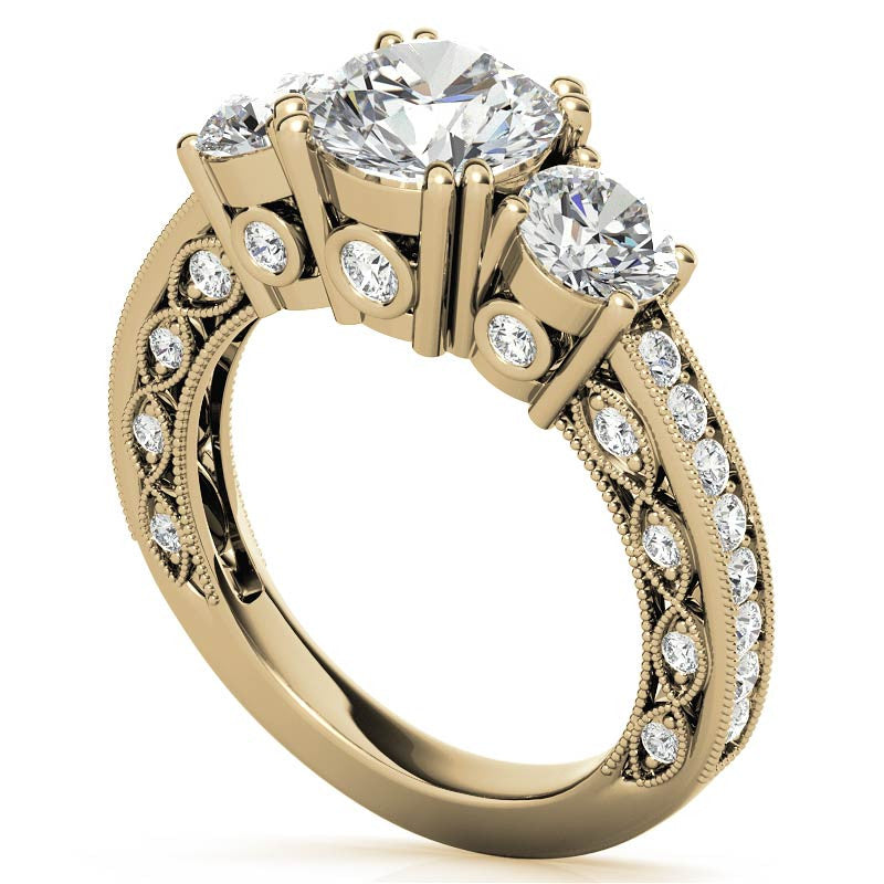 Three-stone Antique Round Brilliant Moissanite Engagement Ring