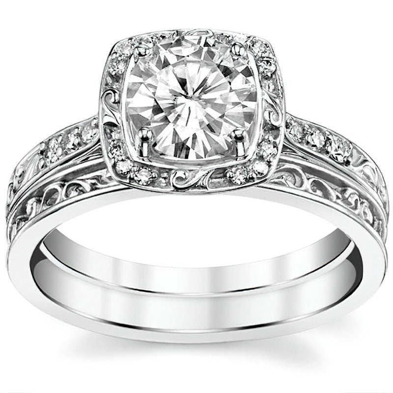 Antique Scroll Halo Moissanite Engagement Ring