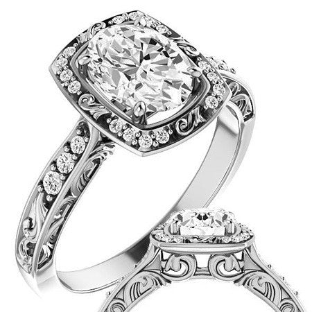 Oval Moissanite Antique Scroll Halo Engagement Ring