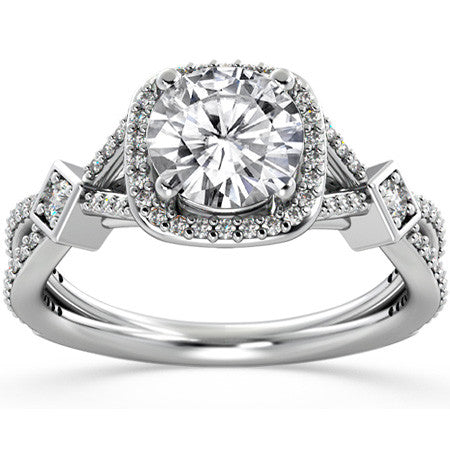 Round Halo Split Shank Moissanite Engagement Ring