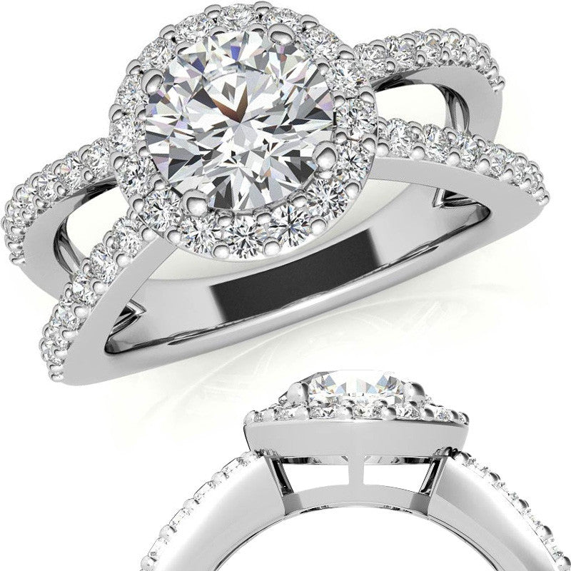 Halo Split Shank Round Brilliant Moissanite Engagement Ring