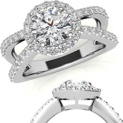 Halo Split Shank Round Brilliant Moissanite Engagement Ring