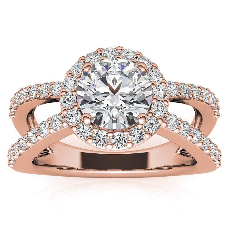 Halo Split Shank Round Brilliant Moissanite Engagement Ring