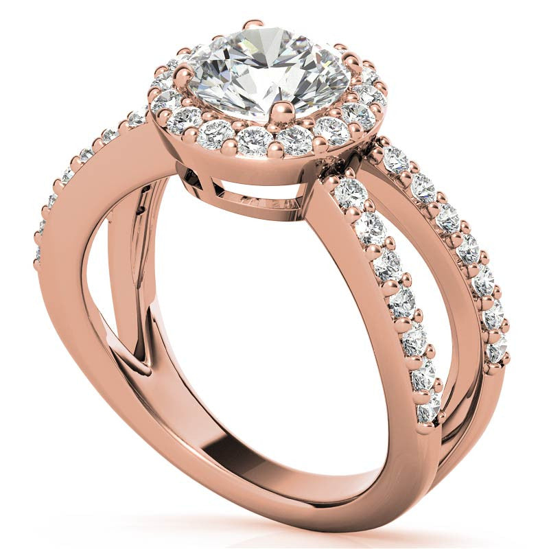 Halo Split Shank Round Brilliant Moissanite Engagement Ring