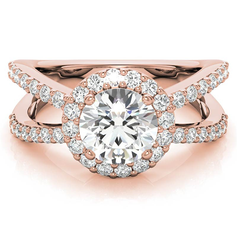 Halo Split Shank Round Brilliant Moissanite Engagement Ring