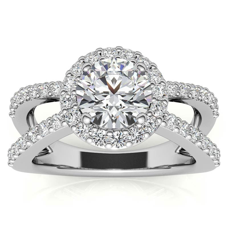 Halo Split Shank Round Brilliant Moissanite Engagement Ring