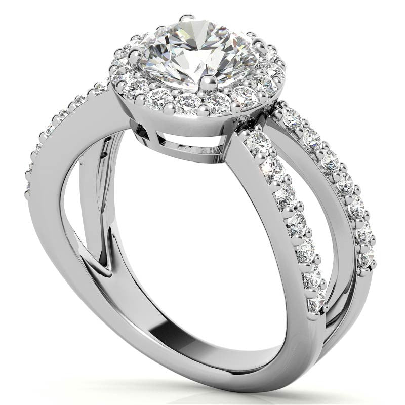 Halo Split Shank Round Brilliant Moissanite Engagement Ring