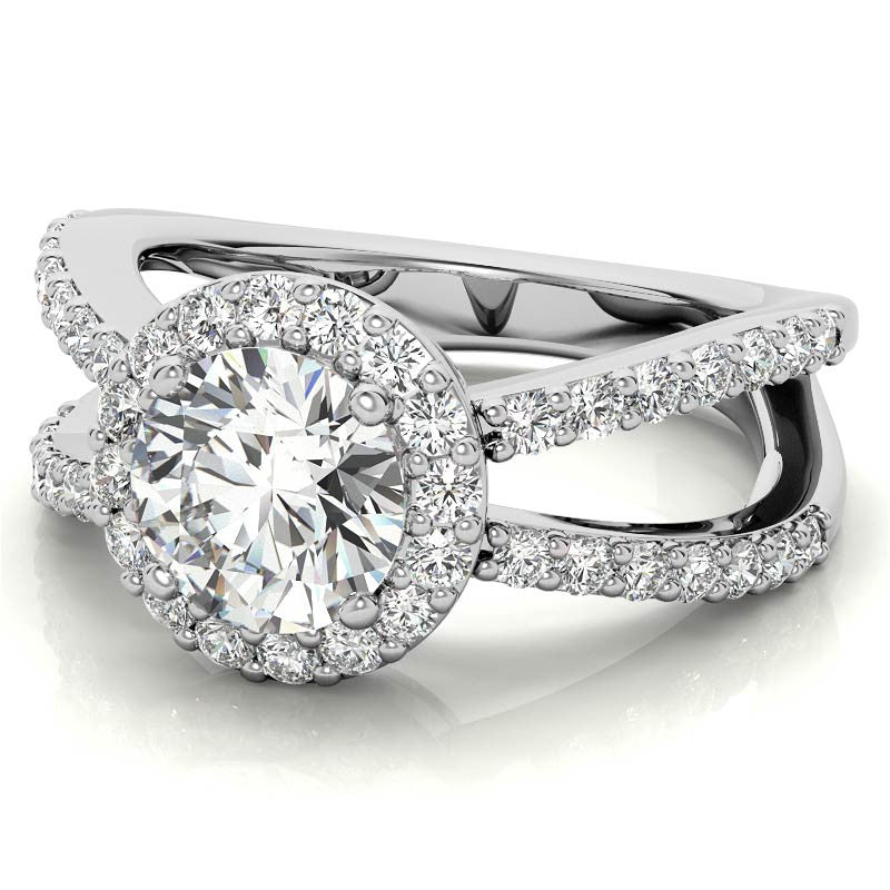 Halo Split Shank Round Brilliant Moissanite Engagement Ring