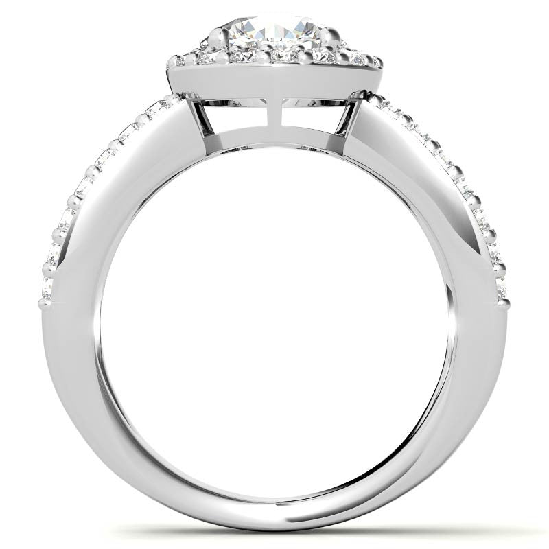 Halo Split Shank Round Brilliant Moissanite Engagement Ring