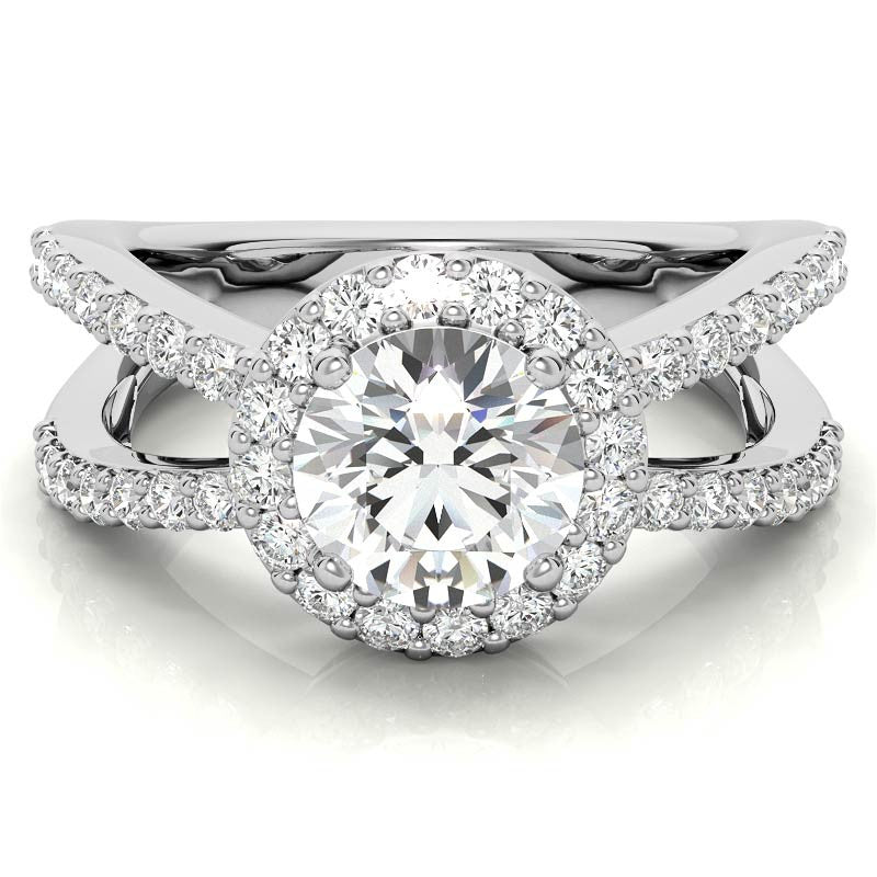 Halo Split Shank Round Brilliant Moissanite Engagement Ring