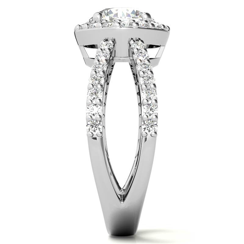 Halo Split Shank Round Brilliant Moissanite Engagement Ring