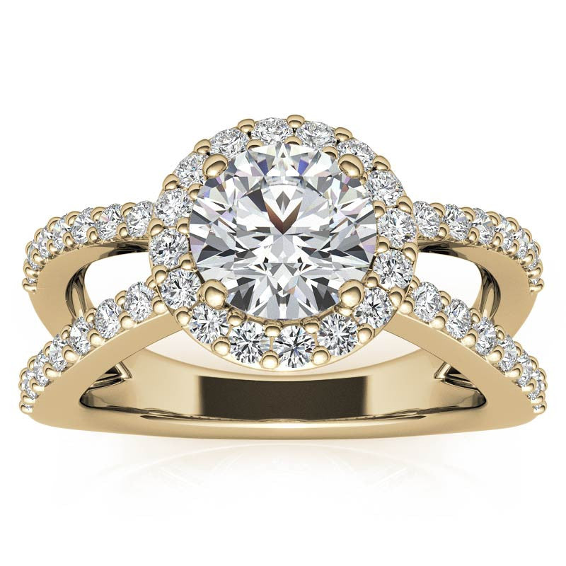 Halo Split Shank Round Brilliant Moissanite Engagement Ring