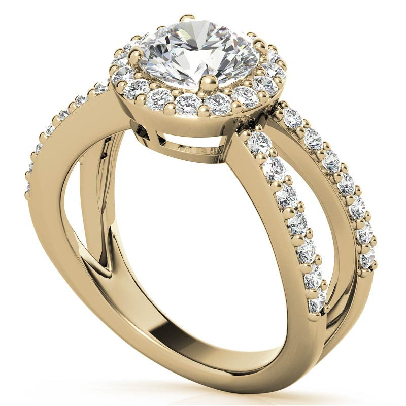 Halo Split Shank Round Brilliant Moissanite Engagement Ring