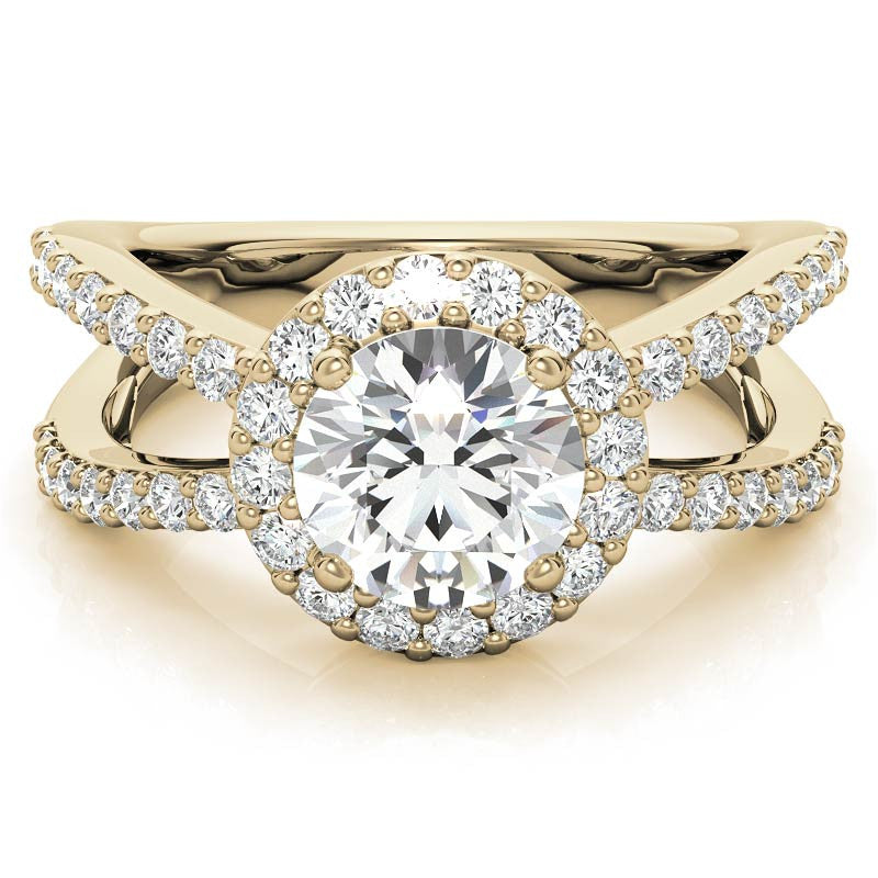 Halo Split Shank Round Brilliant Moissanite Engagement Ring