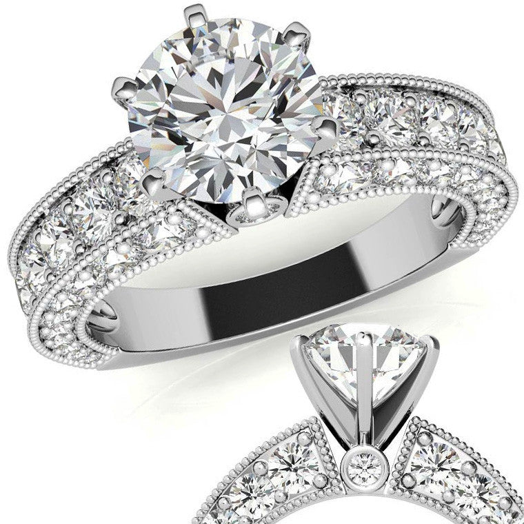 Round Brilliant Moissanite Antique Engagement Ring Setting, 2.6ct