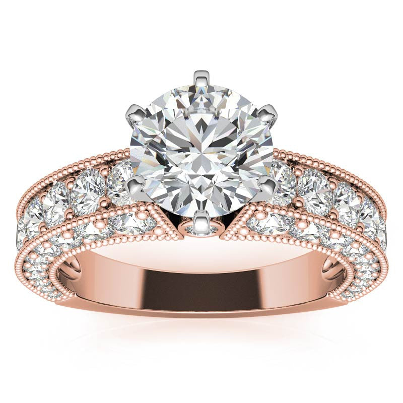 Round Brilliant Moissanite Antique Engagement Ring Setting, 2.6ct